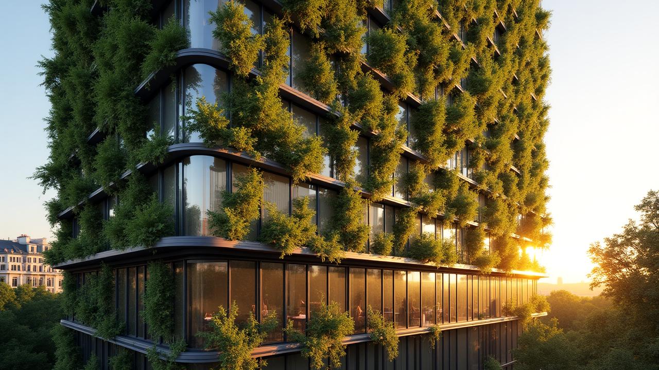 Façade d'immeuble de bureaux à Paris avec intégration de sylviculture verticale luxuriante